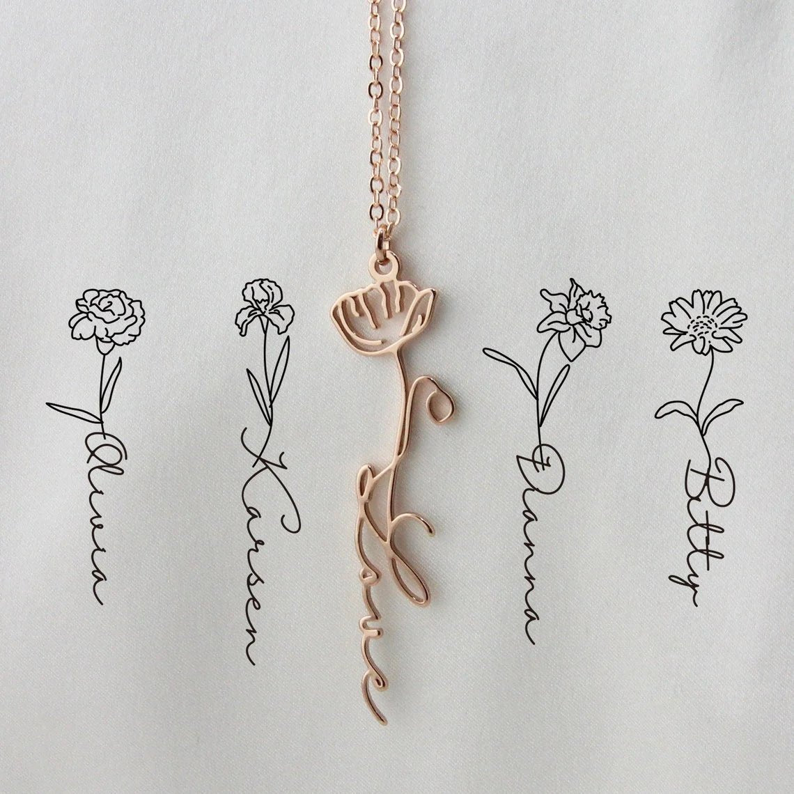 Personalisierte Namenshalskette mit Geburtsblume - paviyo