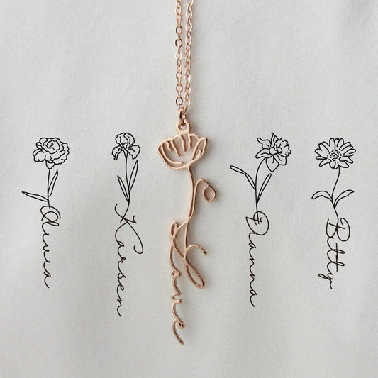 Personalisierte Namenshalskette mit Geburtsblume - paviyo
